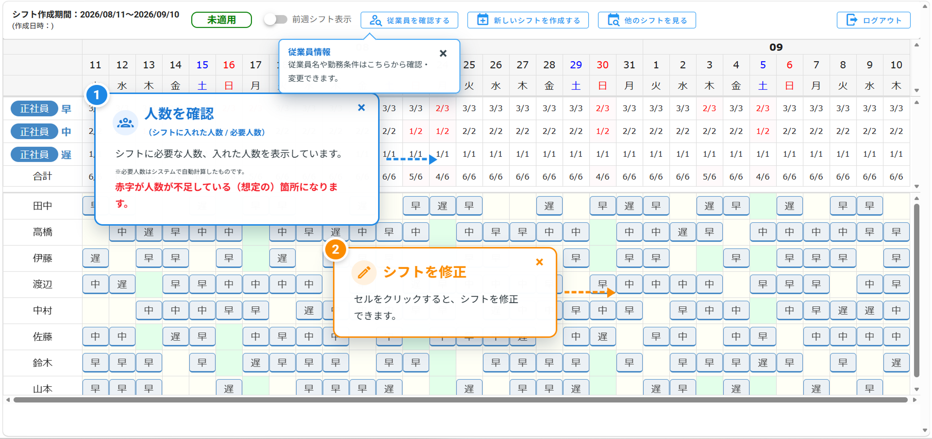 KSシフトのシフト画面